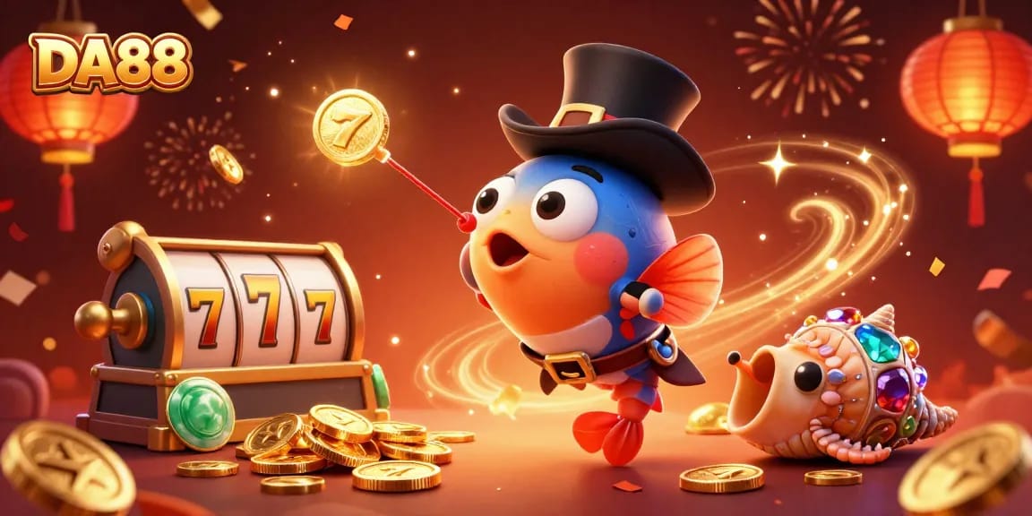 Experience thrilling wins at DA88 with cartoon characters amid golden slot elements and festive decorations.