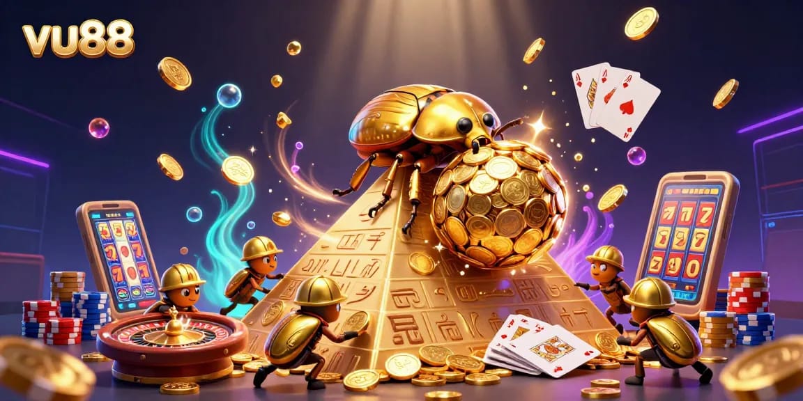 Experience fantastic gaming with vu88's golden casino treasures in a vibrant 3D illustration.
