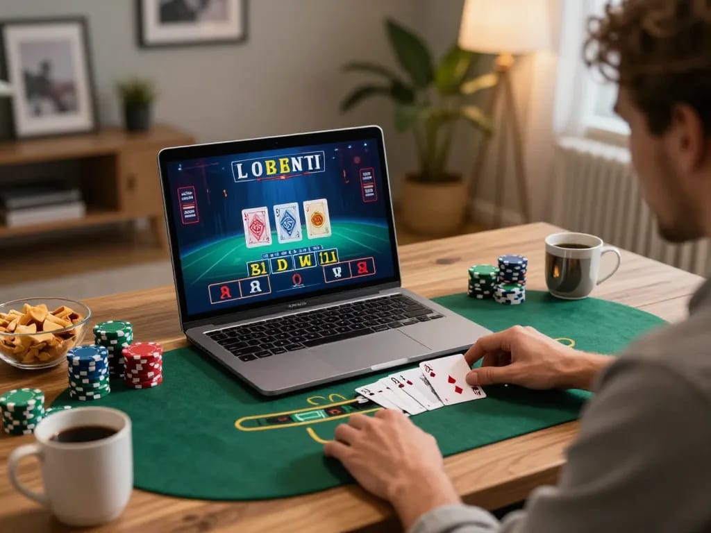 Online gambler enjoying a live dealer game on sunwingo platform from a cozy home workspace