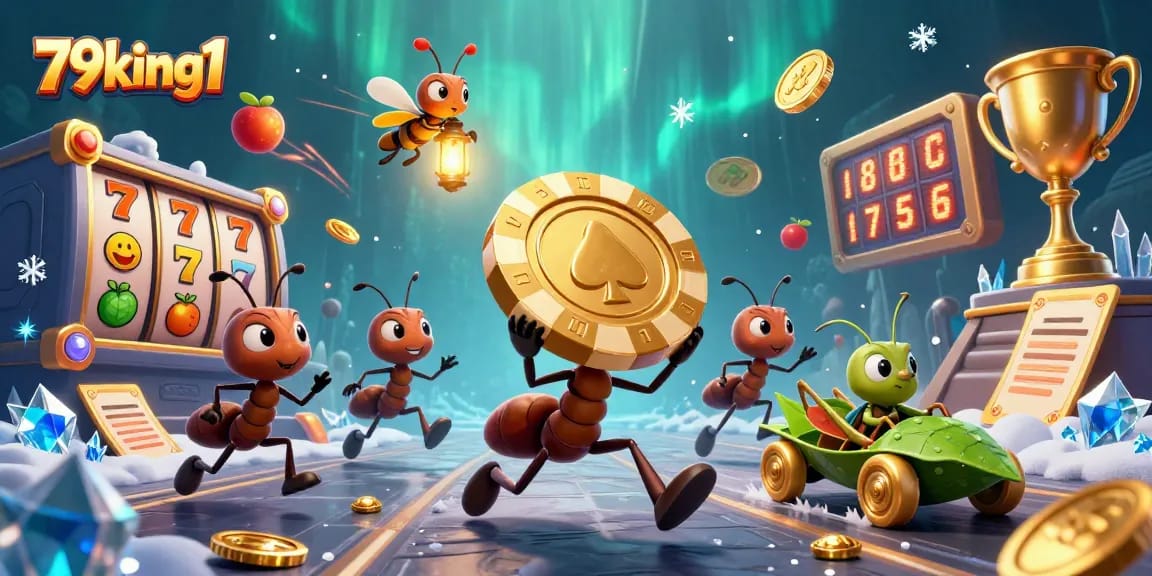 Experience the excitement of 79king1 with ants carrying a giant poker chip in a vibrant casino heist scene.