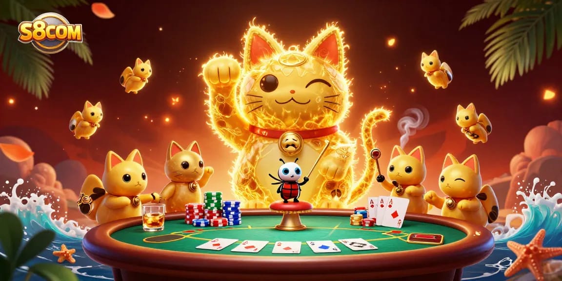 Engage in thrilling casino action with S8COM, featuring a dynamic lucky cat and poker elements.