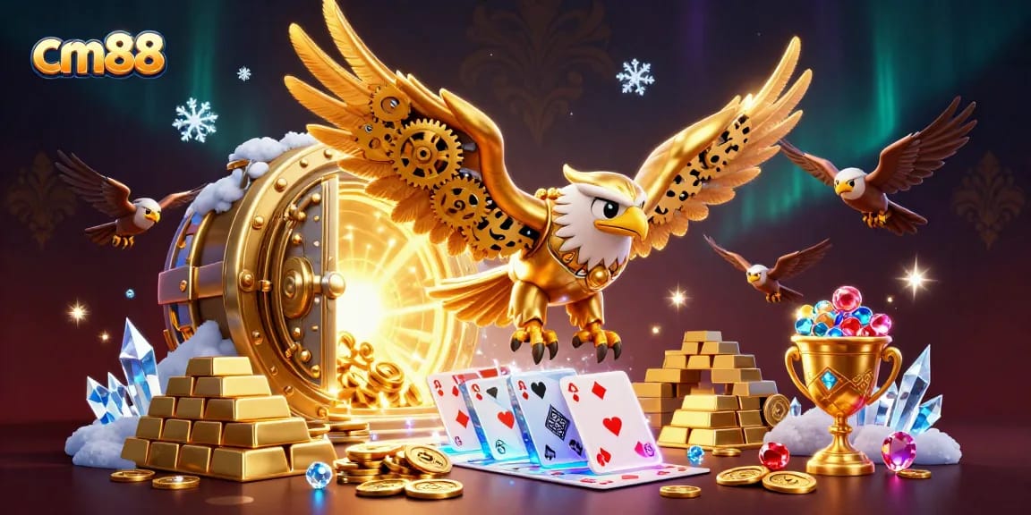 Experience the exhilarating world of cm88 with a golden eagle soaring through casino riches, capturing dynamic action.