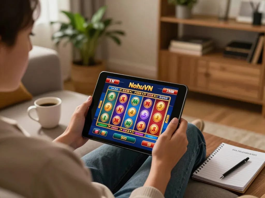 NohuVN player engaged in online casino gaming with spinning slots on a tablet.