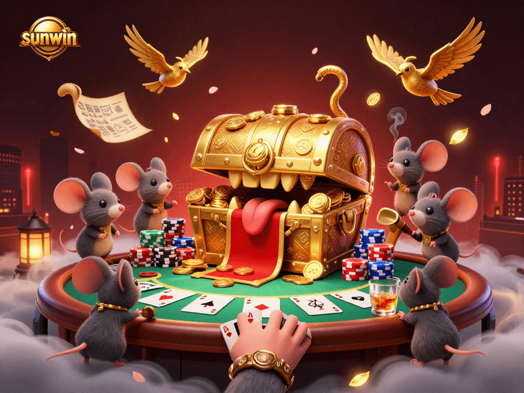 Engage with sunwin's thrilling poker action featuring a golden treasure chest luring adventurer mice.
