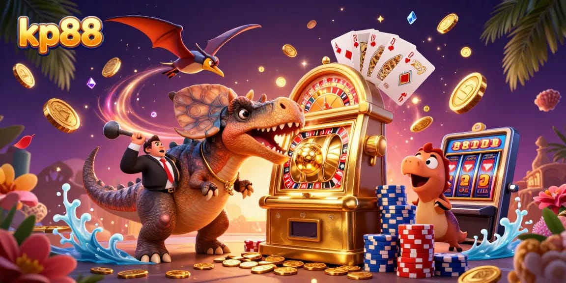 Catch flying golden coins at kp88 with a pachycephalosaurus headbutting a slot machine in an exciting casino scene.