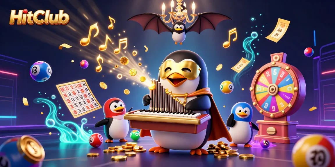 HitClub showcases thrilling gaming with a 3D penguin character amidst colorful lottery elements.