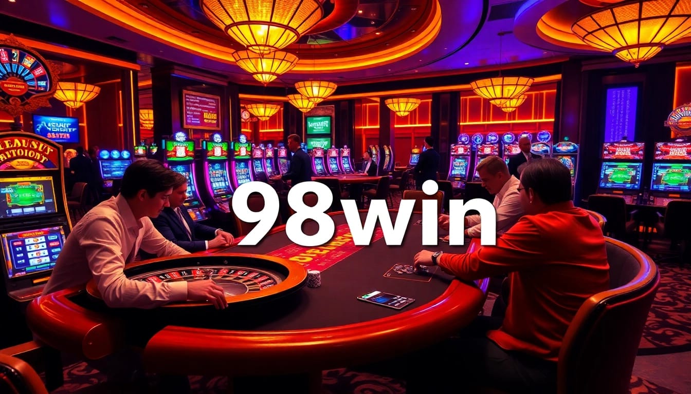 Experience the thrill of winning at the 98win casino with vibrant slot machines and poker tables.