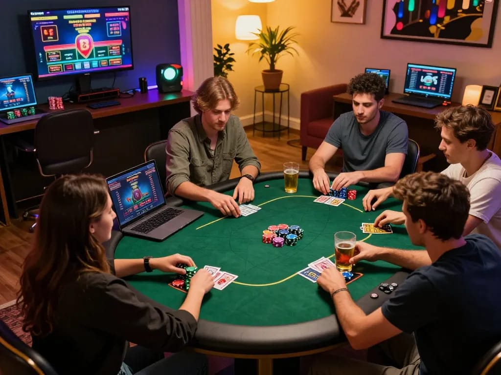 Engaged players strategizing at home while enjoying online gaming at https://hitclub.im/ with laptops and chips.