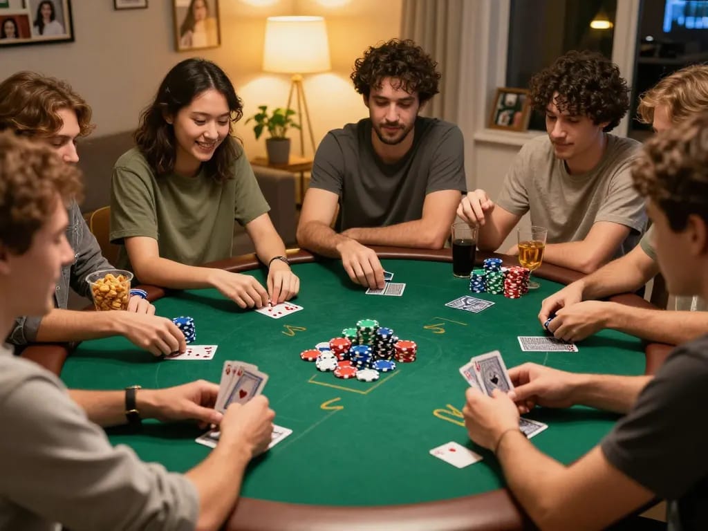 Friends enjoying a thrilling poker game night using Vin88 for their bets and strategies.