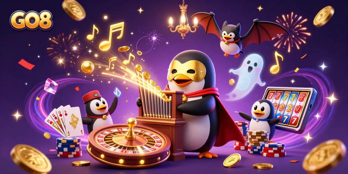 Experience thrilling moments with GO8 as a phantom penguin plays a golden organ amidst dynamic casino elements.