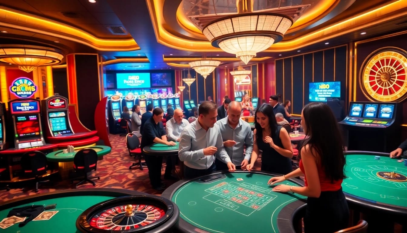 Bong88 players enjoying vibrant casino games at elegant tables, capturing excitement and strategy.