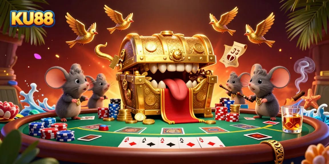Engage with KU88’s vibrant gambling scene featuring a gold treasure chest and rich poker elements.