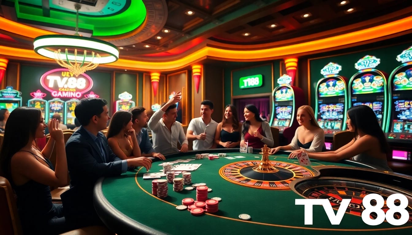 TV88 players engage in an exciting casino table game with vibrant chips and cards.
