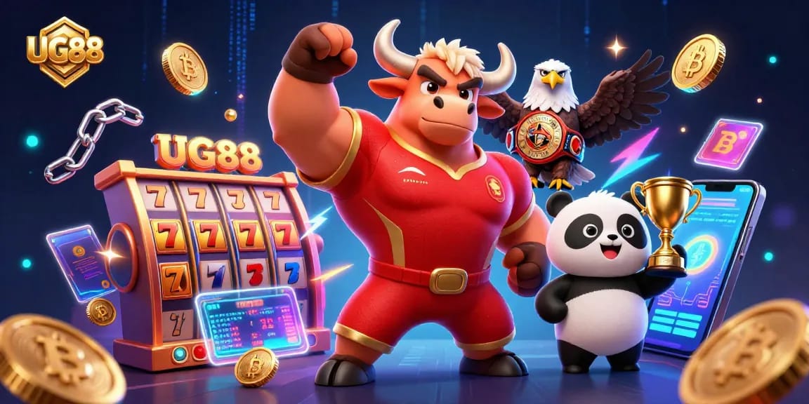 Win big at UG88 with a vibrant casino scene featuring a bull, eagle, and panda.