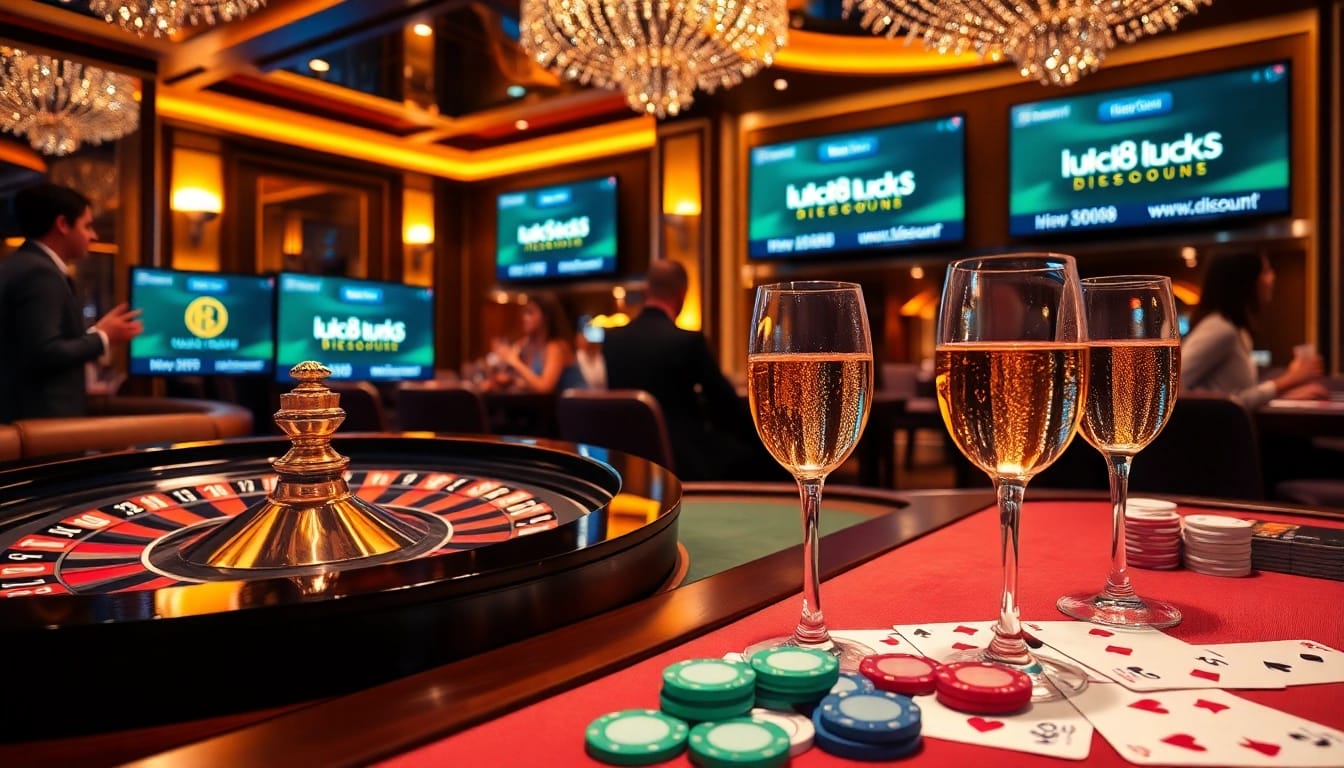 Experience exciting gameplay at https://luck8.discount/ with a vibrant casino scene, roulette wheel, and poker chips.