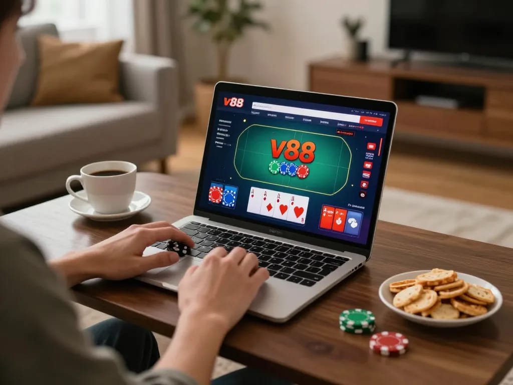 VT88 player engaging with online poker interface in a cozy modern home setting
