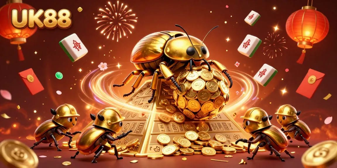 Experience the thrill of UK88's exciting games as a golden beetle rolls coins in an animated casino world.