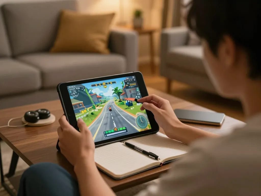 Impegnarsi nelle recensioni di Chicken Road durante una sessione di gioco online, mostrando il gameplay su tablet e appunti strategici in un'accogliente casa.