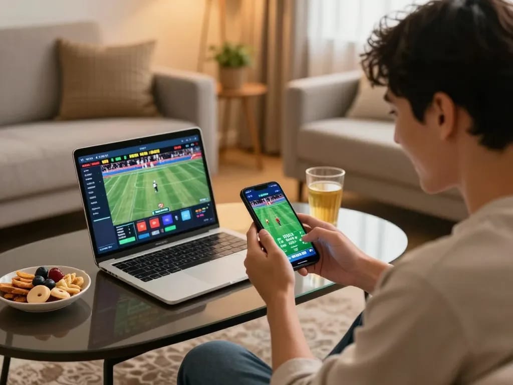 Kèo nhà cái sports betting action with a person excitedly placing bets on a smartphone in a cozy home setting.