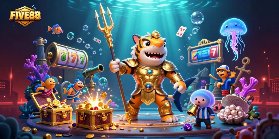 Experience the thrilling underwater casino adventure at FIVE88 with a shark warrior and vibrant gaming elements.