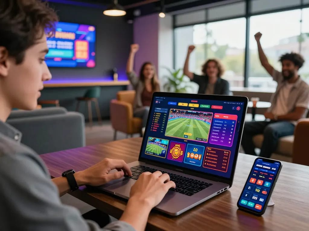 Exciting online gambling scene featuring mmoo with sports betting on laptop and vibrant game graphics.