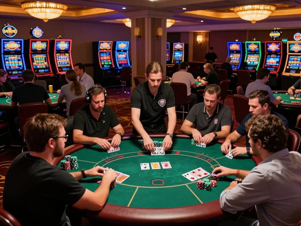 FABET poker tournament with intense players at tables, showcasing strategic gameplay during a lively casino event.