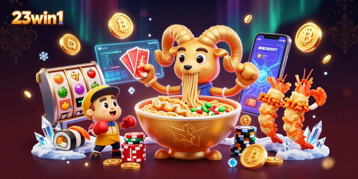 Experience the excitement of 23win1 with a vibrant casino-themed illustration featuring unique characters.