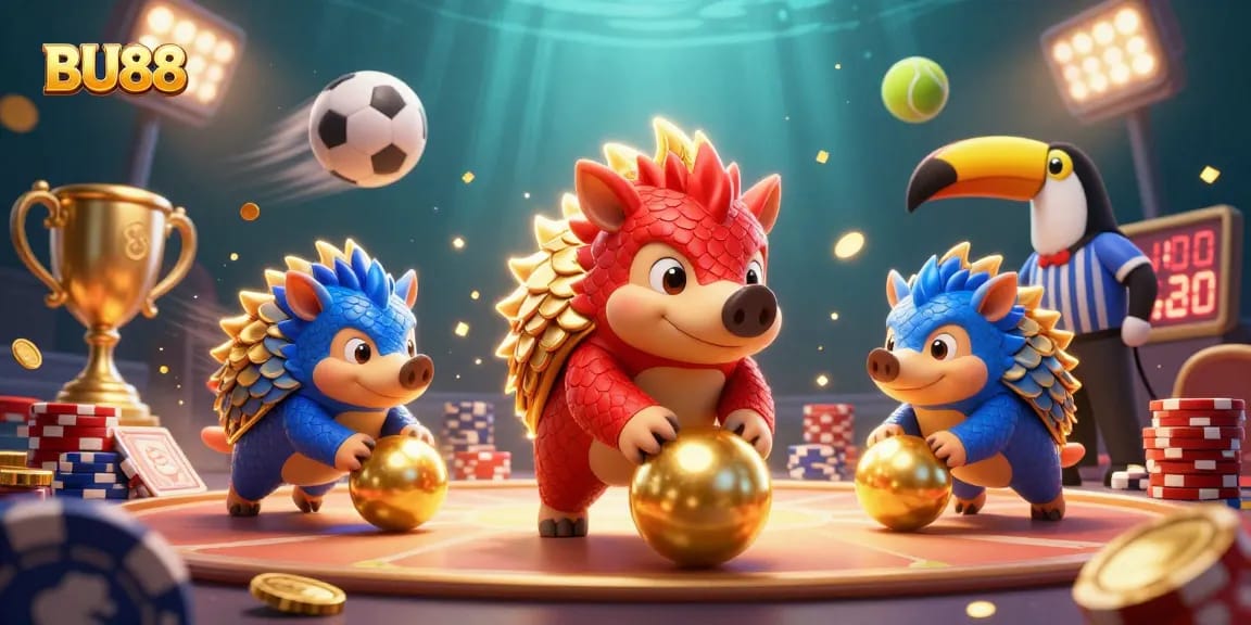 Experience thrilling BU88 gaming action with vibrant pangolins and dynamic sports elements.