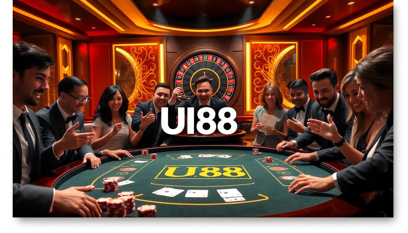 Engage with the thrilling atmosphere of UU88 casino, featuring vibrant gaming tables and players enjoying their experience.