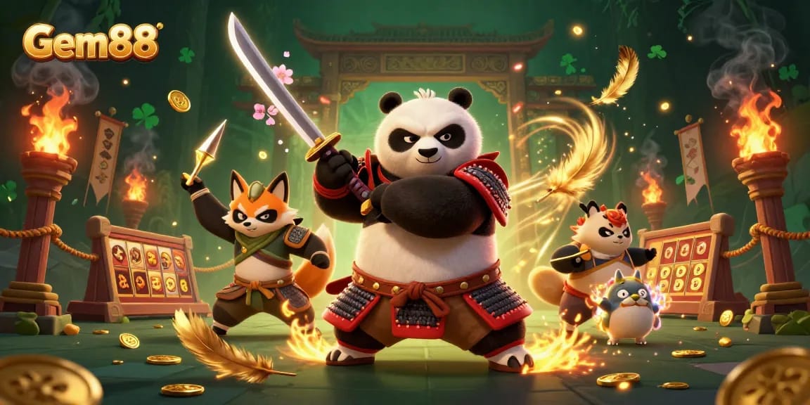 Engage in exciting gaming action with Gem88's vivid illustration featuring samurai panda and ninja elements.