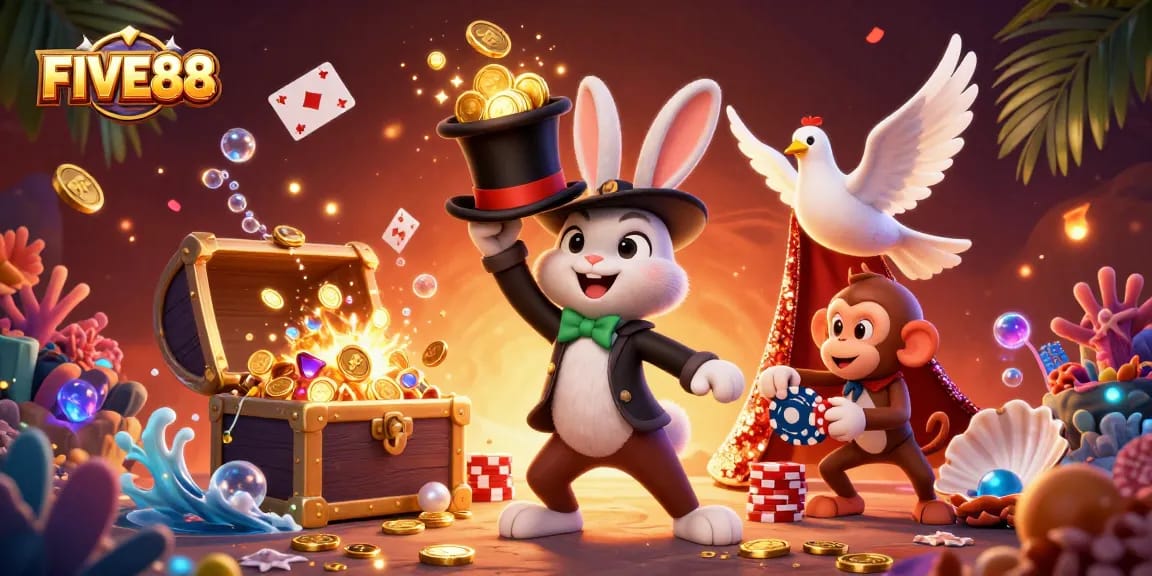 Engage with FIVE88's exciting casino games amidst magical illustrations, featuring vibrant characters and rich details.