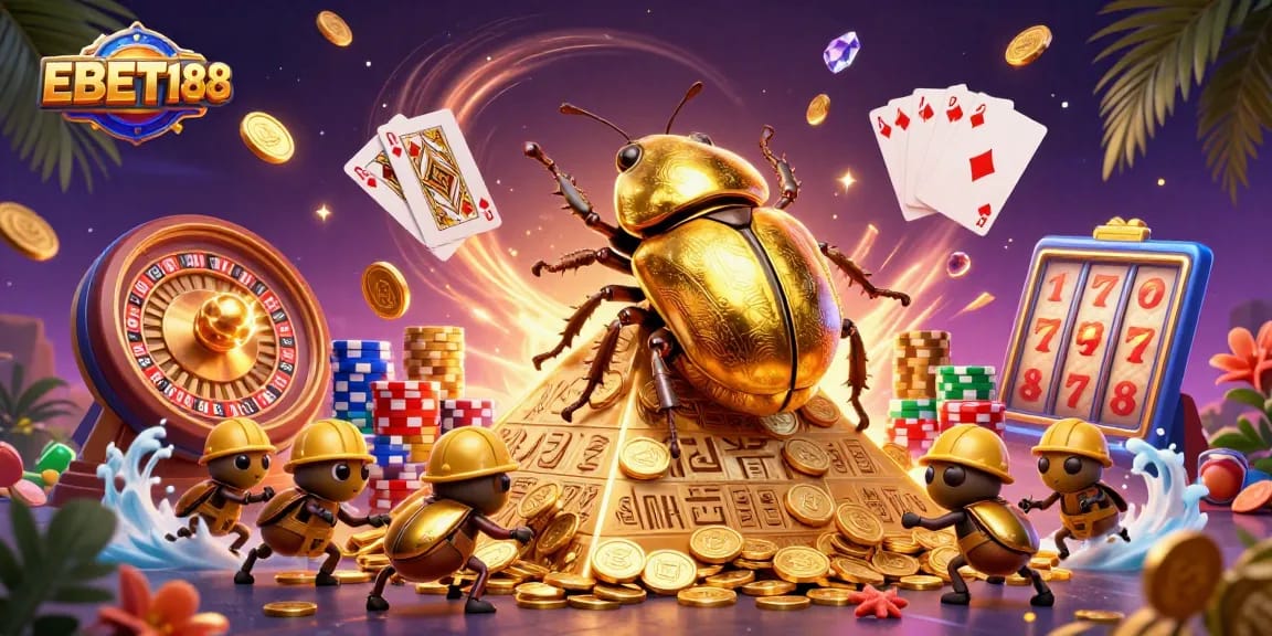 Experience EBET188's exciting slots with vibrant 3D animation of beetles and golden coins.