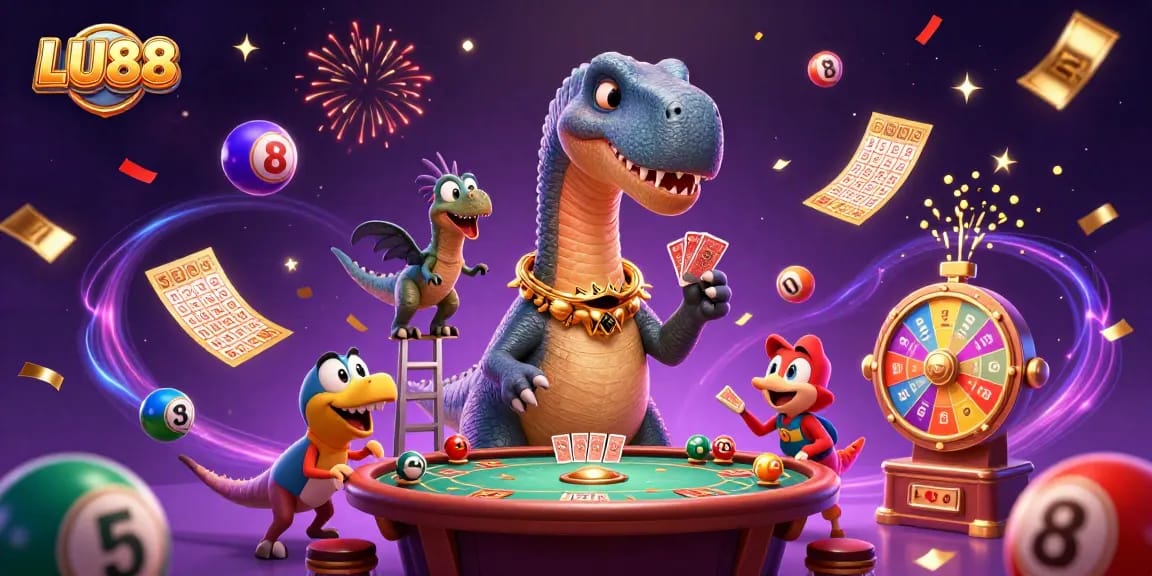 LU88 engages with lively casino elements in a vibrant, 3D cartoon casino illustration.