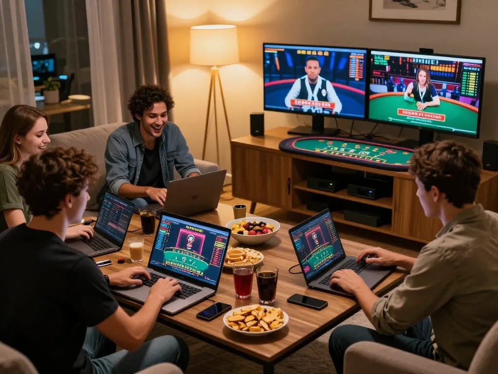 Engaged friends playing online blackjack at home with LODE88, displaying excitement and strategy.
