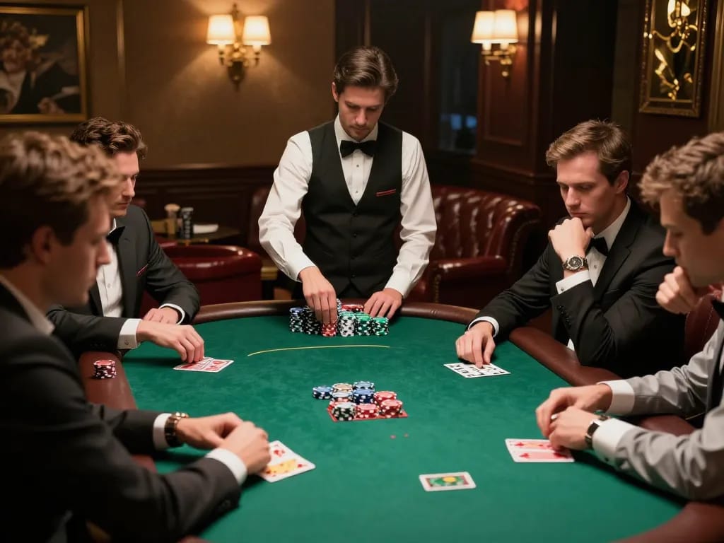 C168 com players engaged in high-stakes poker game in a luxurious private lounge with chips and cards.