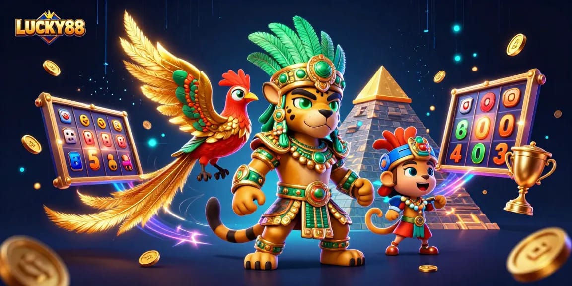 Experience the thrilling LUCKY88 slot machine action with vibrant characters and dynamic gameplay elements.