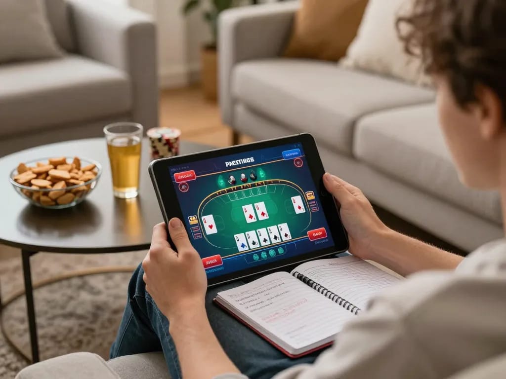 j188 player enjoying a cozy online poker game on tablet with strategy notes