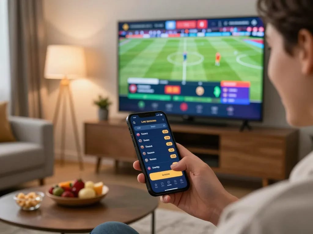 Player using F168 sports betting app on smartphone while enjoying a live match, enhancing gaming strategy.