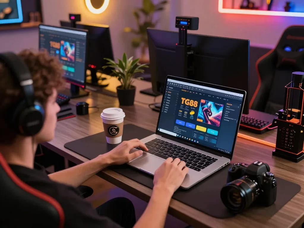 Engaging gamer exploring TG88 apk on a laptop at a stylish desk.