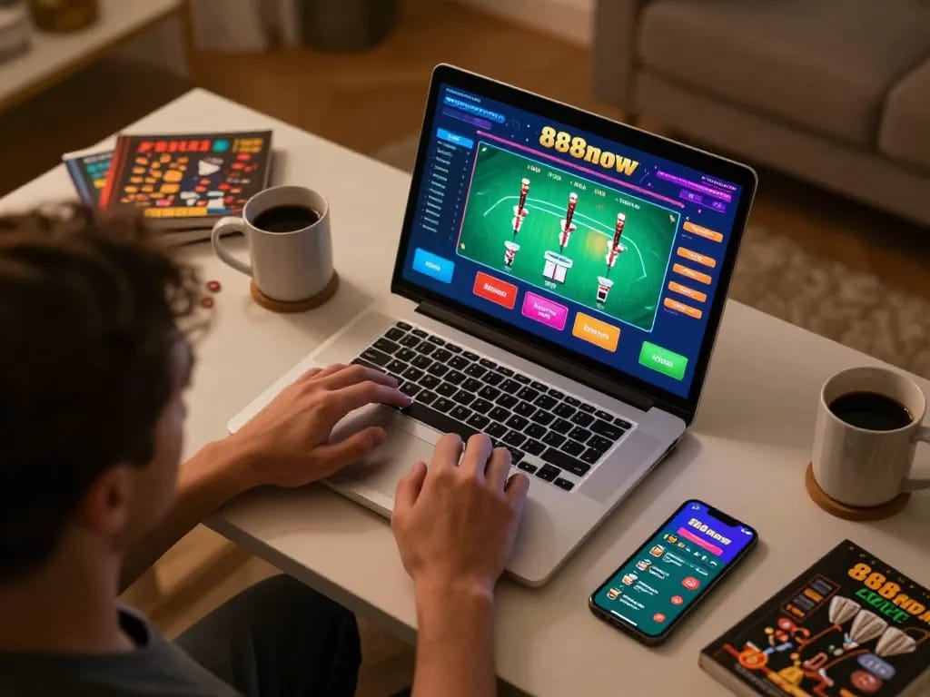 Engaging with 888now casino games at home through a laptop, showcasing vibrant online poker action.