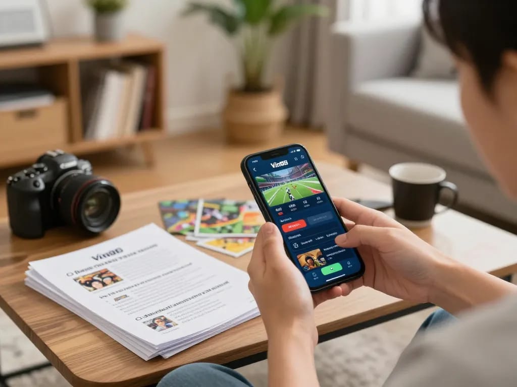 Vin88 users engaging in dynamic sports betting on a mobile app in a cozy home.