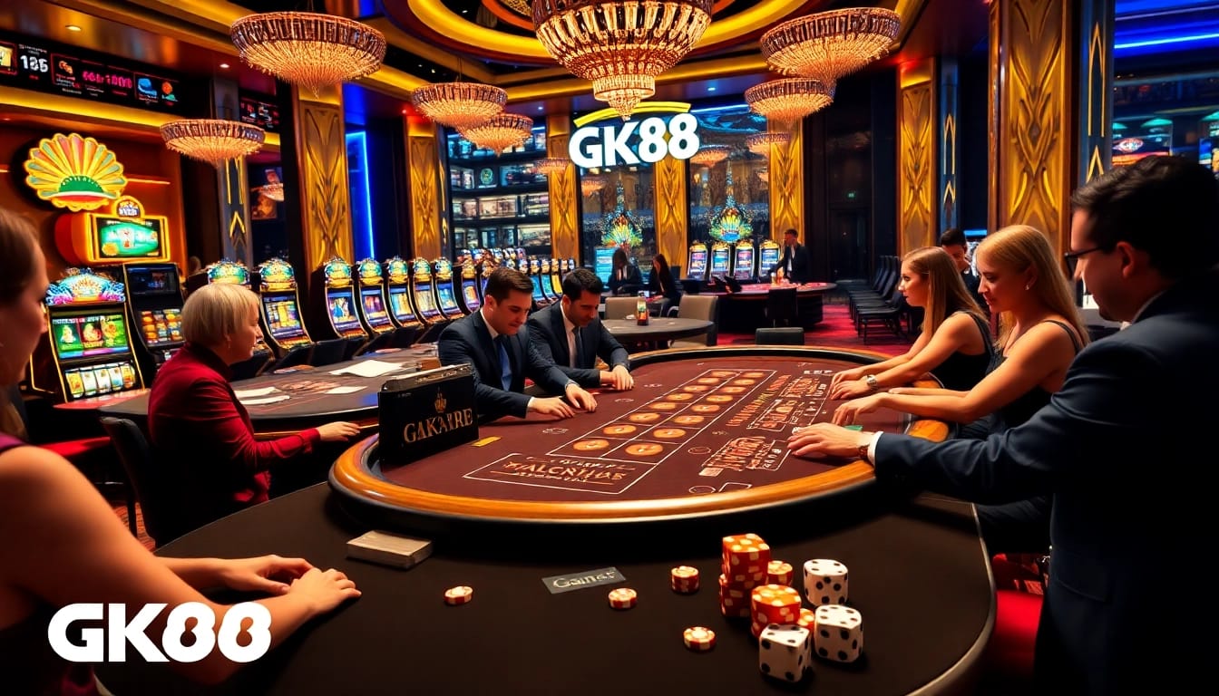 Players engage in exciting Baccarat at GK88's luxurious casino table setting.