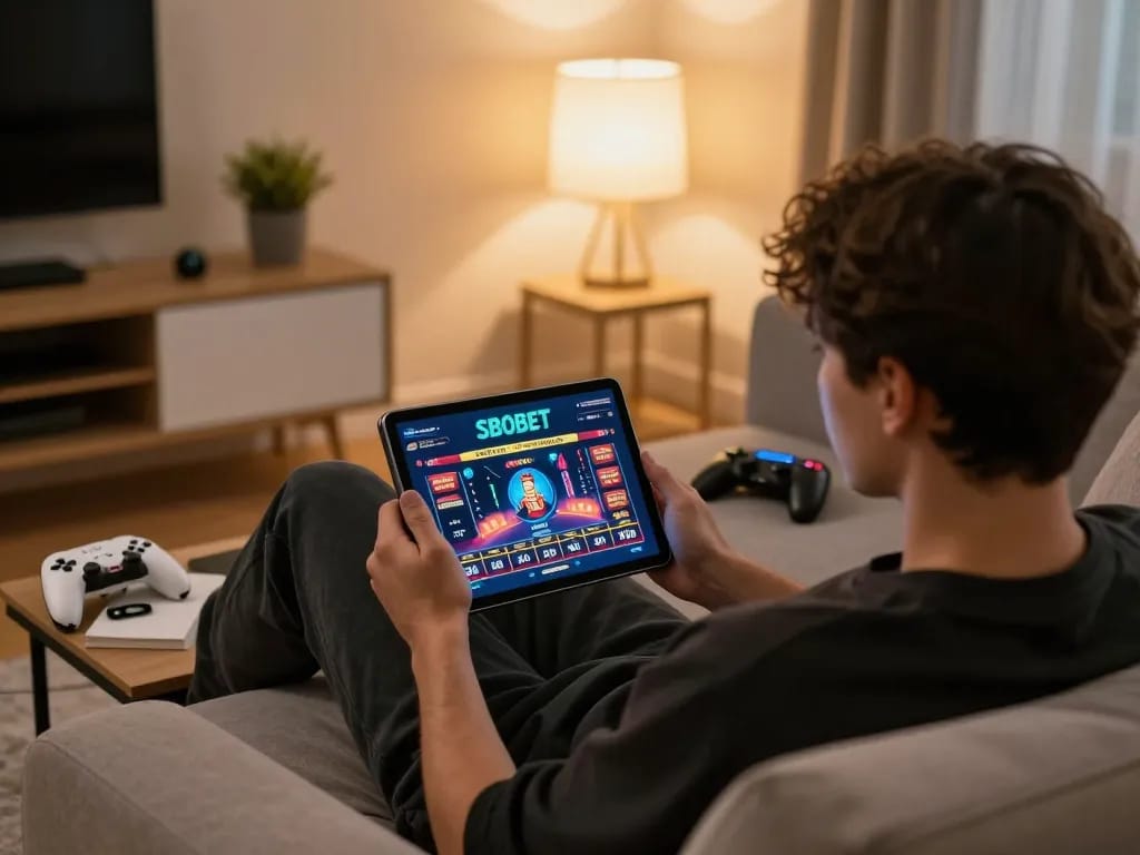 Pengaturan permainan online SBOBET dengan tablet yang menunjukkan permainan kasino di lingkungan rumah yang nyaman