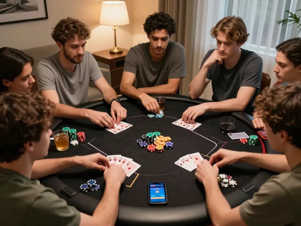 Playing poker at home with FABET app on display, friends enjoying a lively game night.
