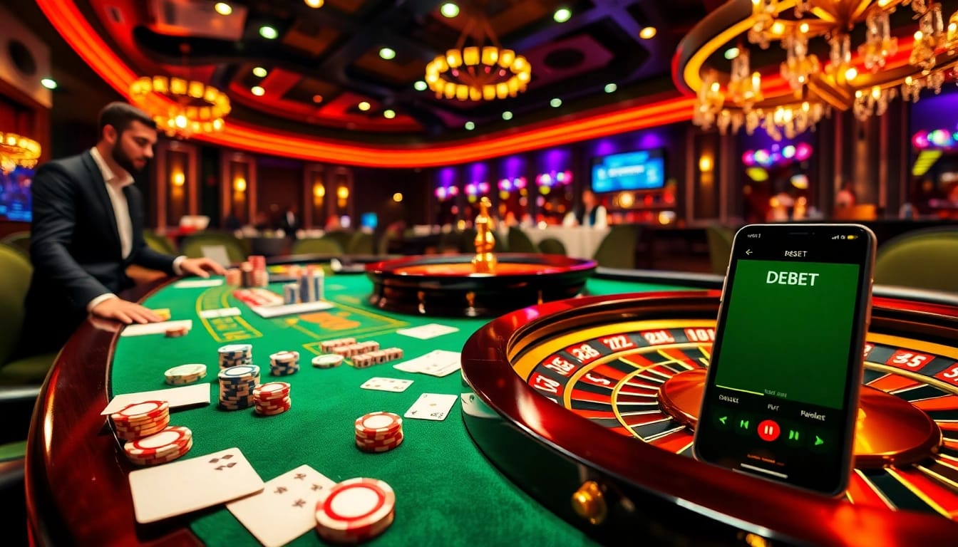 DEBET betting excitement at a luxury casino table with poker chips, cards, and a roulette wheel.