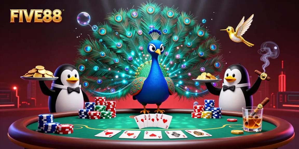 Experience the thrilling gambling scene at FIVE88 with a peacock, penguin, and sparkling chips.