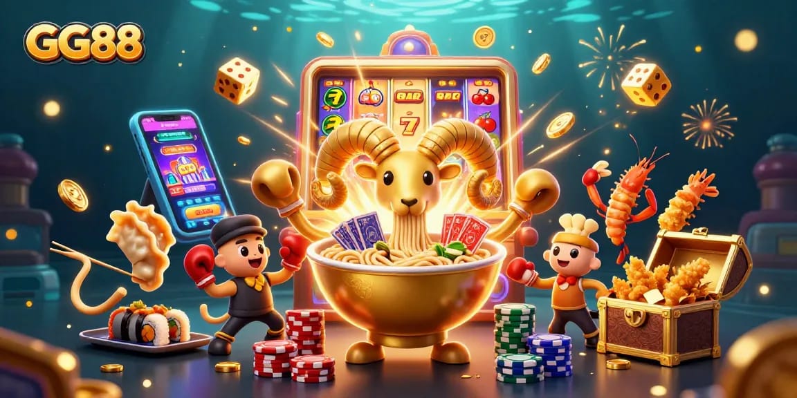 GG88 jackpot celebration featuring a giant ramen bowl dealing cards, surrounded by vibrant casino elements.