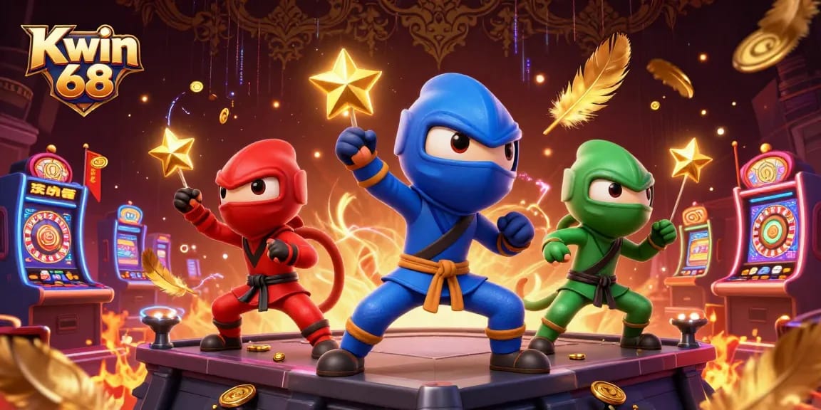 A dynamic scene with Kwin 68's ninja chameleons synced in martial arts amid casino elements like slot machines and coins.