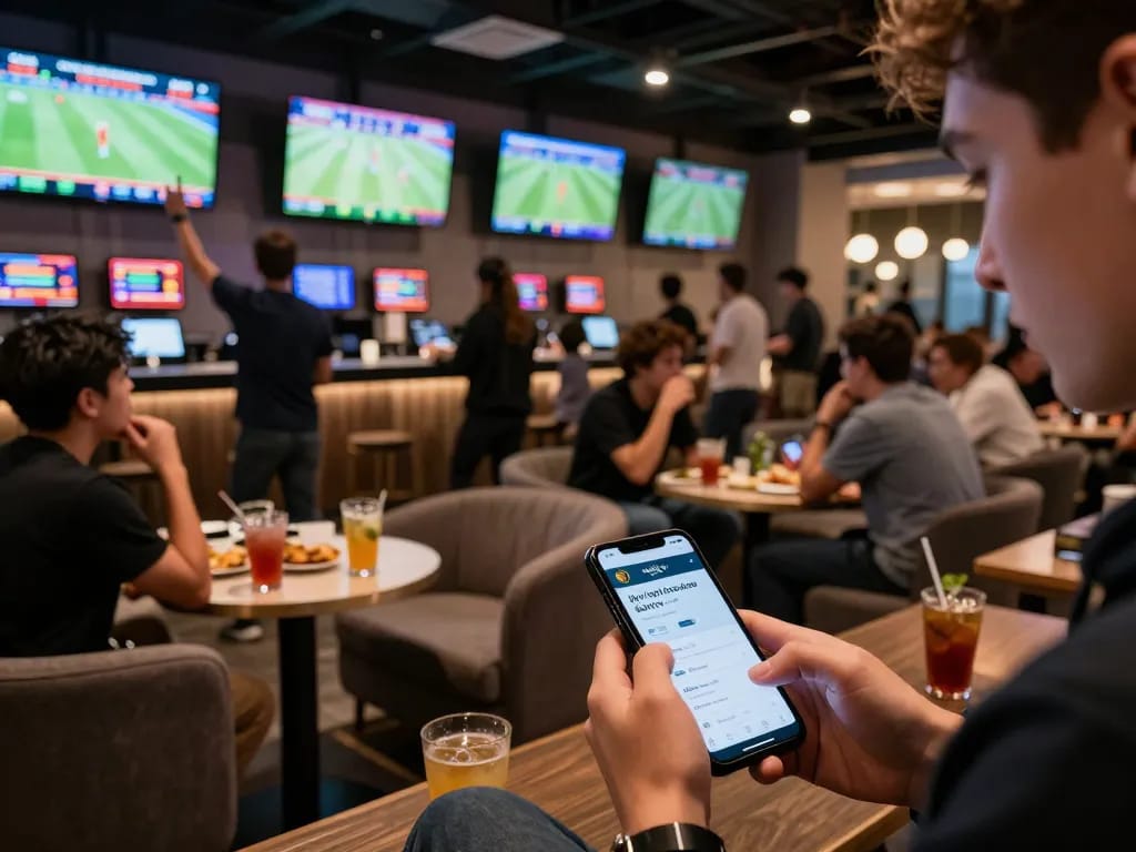 Tỷ lệ kèo nhà cái hôm nay showcased in a lively sports betting lounge as fans place bets.