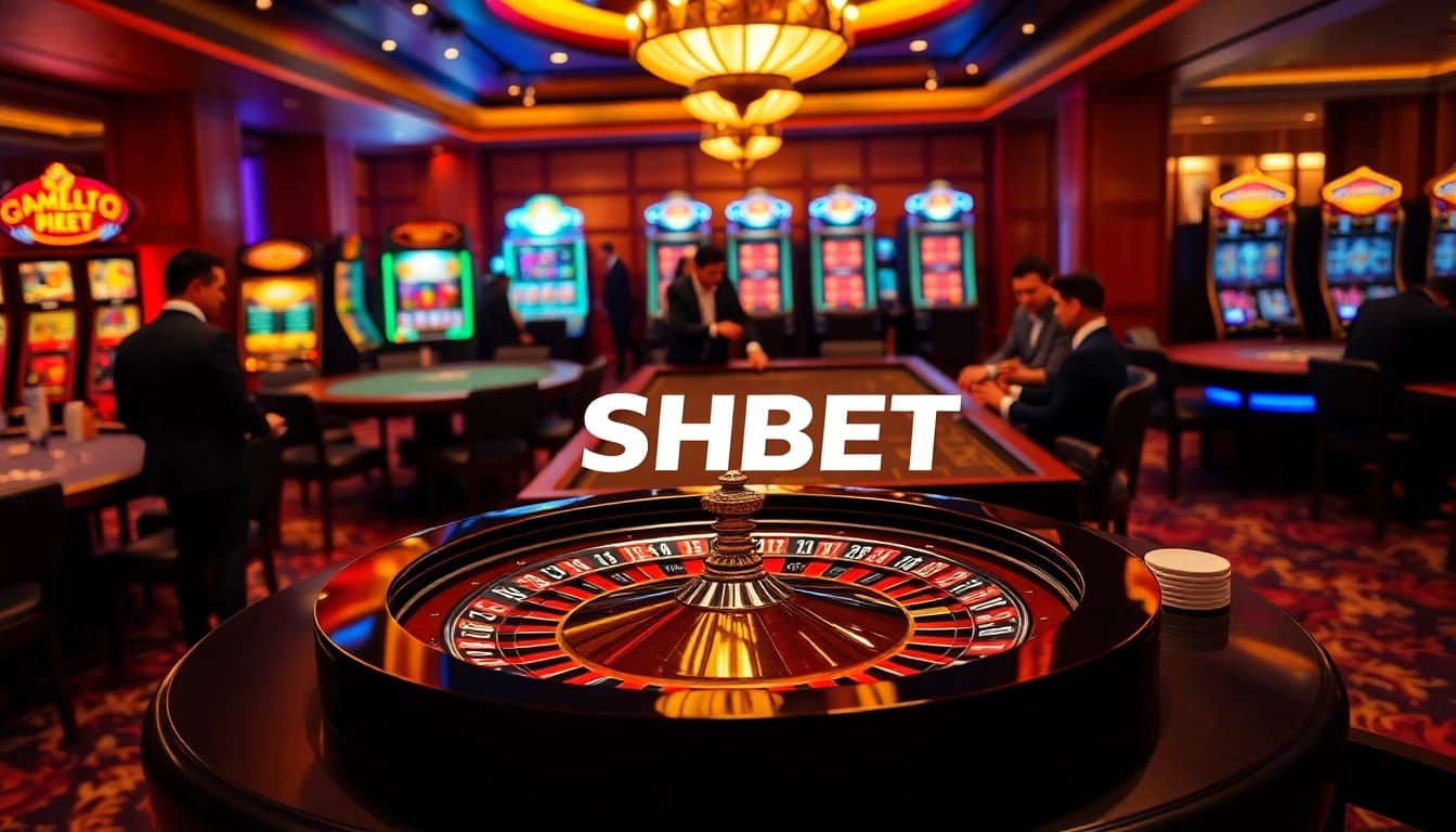 Experience the thrill of SHBET in a luxurious casino setting with roulette and poker tables.